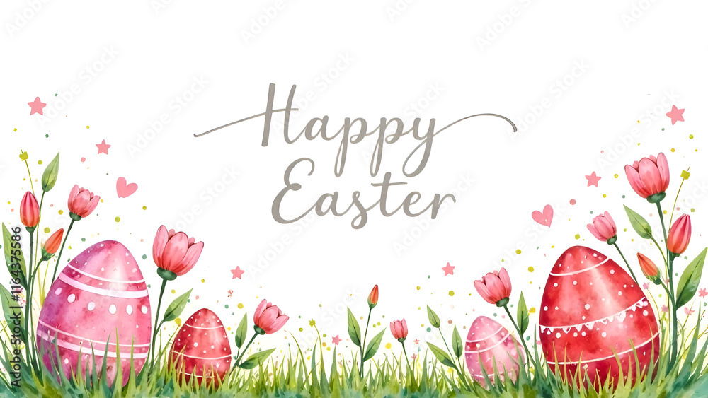 Easter decorations border with white Handwriting thin Letters Happy Easter over Easter background with eggs and flowers