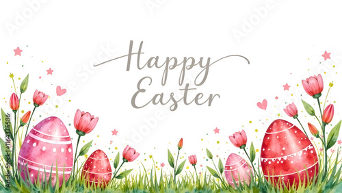 Obraz na płótnie Easter decorations border with white Handwriting thin Letters Happy Easter over Easter background with eggs and flowers w salonie