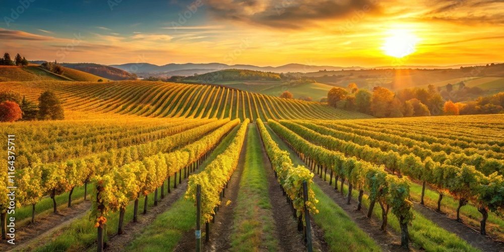Fototapeta premium Golden Hour Vineyard Rows at Sunset Serene Autumnal Landscape