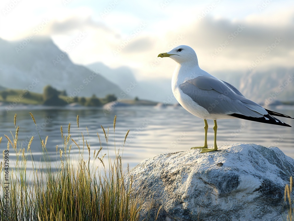 A seagull stands on a large stone near a river with mountains in the background A seagull stands on a large stone near a river with mountains in the background