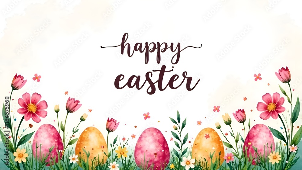 Easter decorations border with white Handwriting thin Letters Happy Easter over Easter background with eggs and flowers