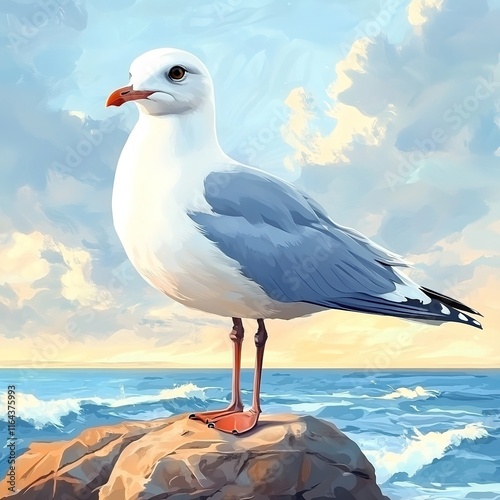 drawing of a Seagull standing on a large rock by the sea in the morning during sunrise photo