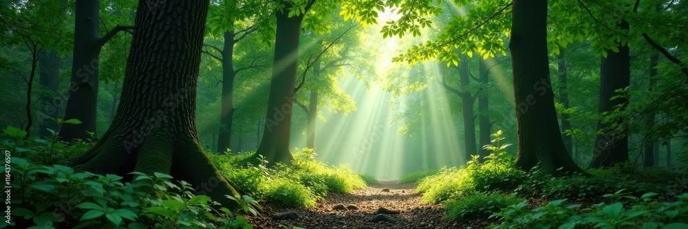 Obraz premium Dense foliage with shafts of sunlight filtering through, creating dappled patterns on forest floor, trees, nature