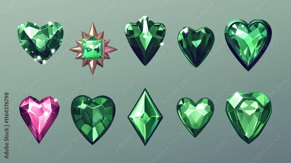 Obraz premium Game green gemstone in shape of crown, star and heart. Magic jewel crystal or diamond icons, emerald treasure, royal precious gems. Fantasy cartoon gui trophy with texture, isolated set