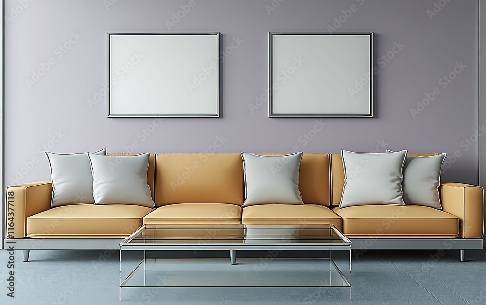 Naklejka premium Modern living room interior with mustard yellow sofa, glass coffee table, and two blank frames on a lilac wall.