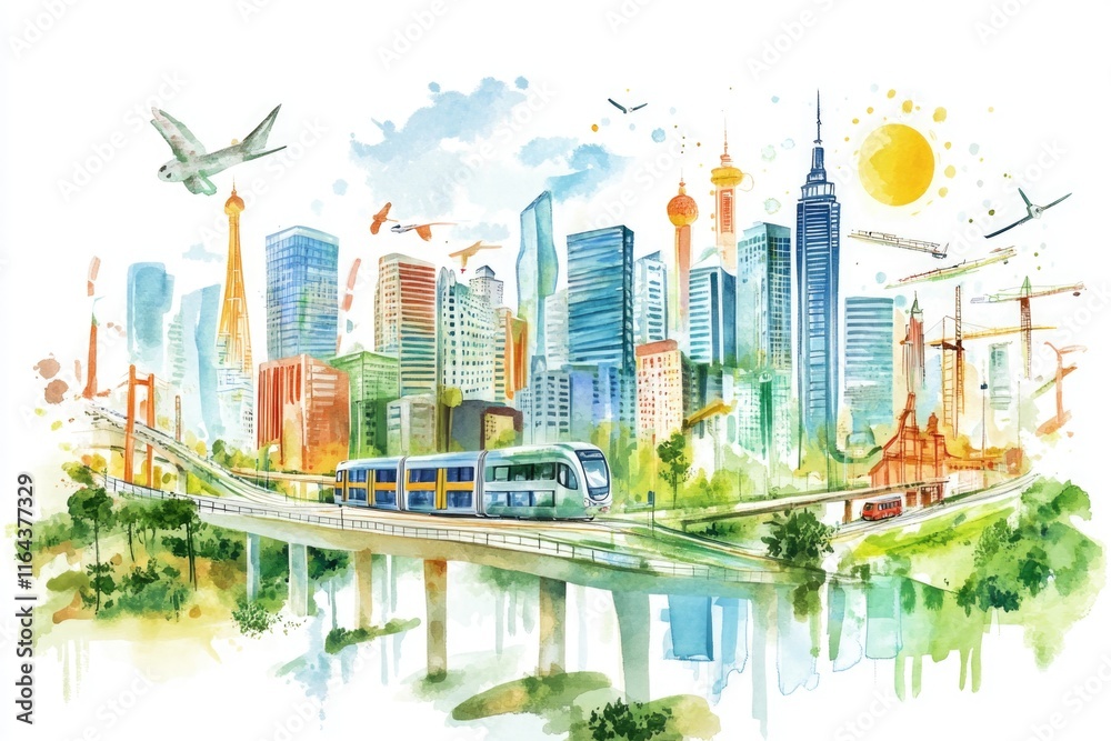 Obraz premium Watercolor illustration of a city scene with a train, suitable for travel or urban-themed designs