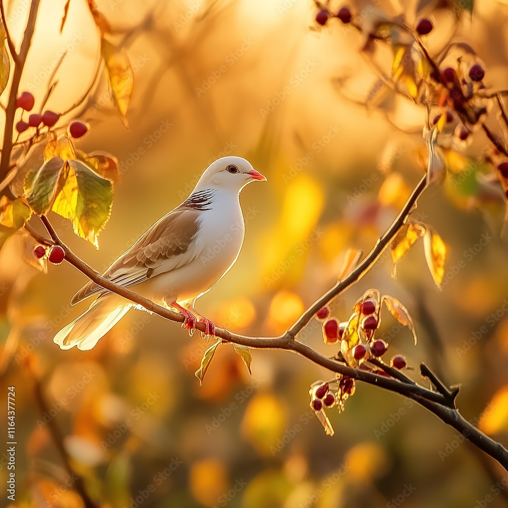 birds in nature, a pigeon with light feathers sits on a tree branch at sunset birds in nature, a pigeon with light feathers sits on a tree branch at sunset