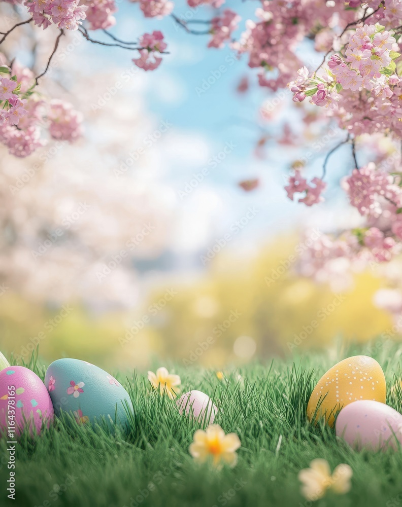 Fototapeta premium Vibrant Easter Eggs Nestled in a Blooming Spring Landscape with Soft Blooms and Lush Green Grass Under a Bright Blue Sky