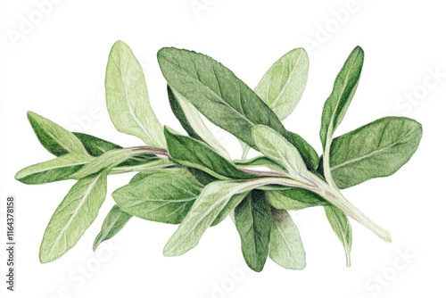 A delicate illustration of sage leaves set against a clean white background, ideal for use in designs and compositions where natural textures and simplicity are desired