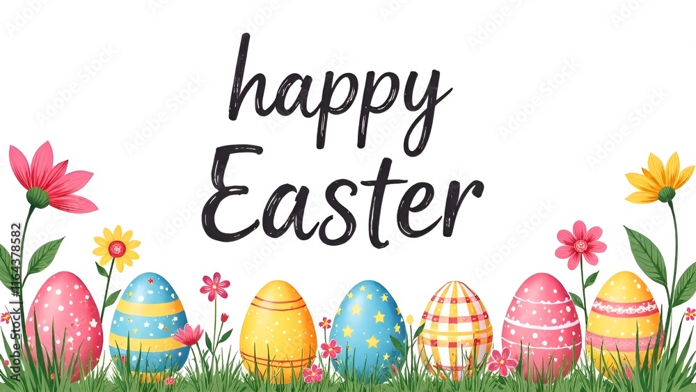 Easter decorations border with white Handwriting thin Letters Happy Easter over Easter background with eggs and flowers