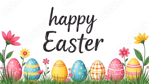 Obraz na płótnie Easter decorations border with white Handwriting thin Letters Happy Easter over Easter background with eggs and flowers w salonie