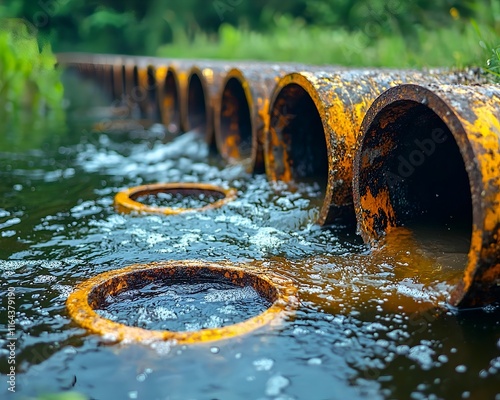 Rusty Wastewater Pipe Discharging into Environmental Treatment Reservoir photo