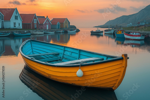 Wallpaper Mural Photo réaliste professionnelle d’un port de pêche paisible le matin, avec des bateaux colorés reposant sur des eaux calmes et de petites maisons de bord de mer en arrière-plan Torontodigital.ca