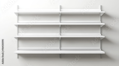White empty supermarket shelf mockup with racks for product display. Realistic 3d vector illustration set of bookcase stand in different angles of view. Blank mock up of store promotion equipment.