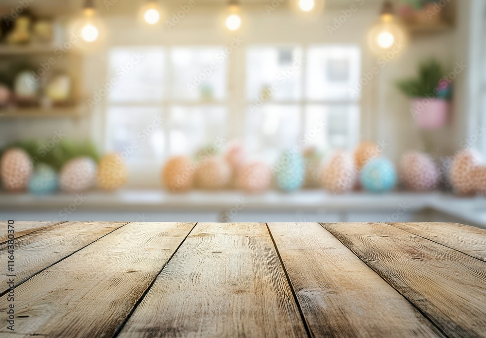 Warm Wooden Table with Soft Lighting in a Cozy Kitchen Setting Featuring Colorful Easter Eggs in the Background for Spring Decor Inspiration Warm Wooden Table with Soft Lighting in a Cozy Kitchen Setting Featuring Colorful Easter Eggs in the Background for Spring Decor Inspiration