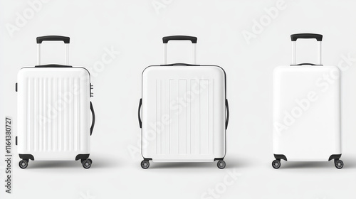 White suitcase with handle and wheels in different angles of view. Realistic 3d vector illustration set of travel luggage bag. Plastic baggage for trip and vacation concept. Voyage accessory template.