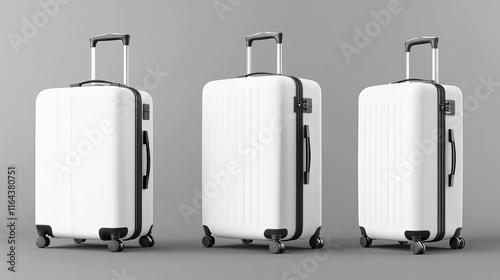 White suitcase with handle and wheels in different angles of view. Realistic 3d vector illustration set of travel luggage bag. Plastic baggage for trip and vacation concept. Voyage accessory template.