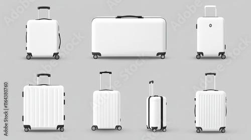 White suitcase with handle and wheels in different angles of view. Realistic 3d vector illustration set of travel luggage bag. Plastic baggage for trip and vacation concept. Voyage accessory template.