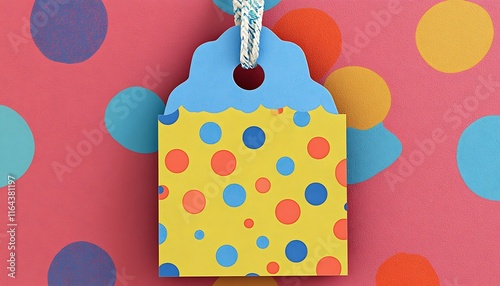 Playful childrena??s new arrival tags with bright primary colors and whimsical patterns on a cheerful polka dot surface photo