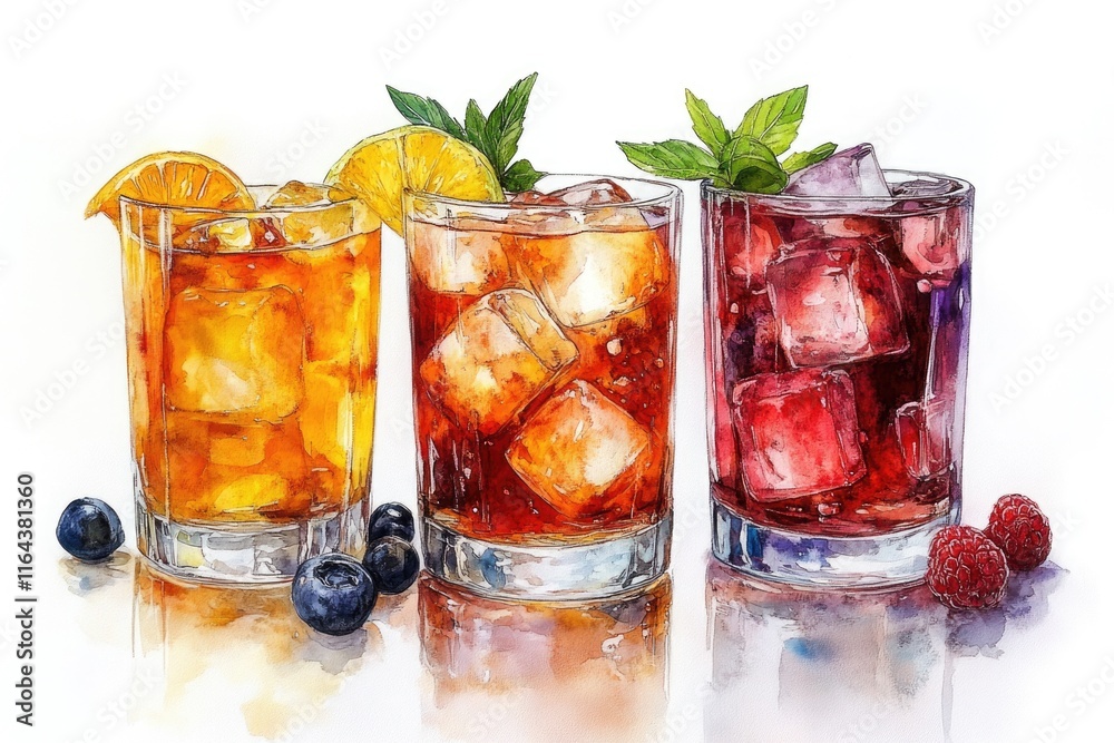 A still life image of three glasses filled with various drinks A still life image of three glasses filled with various drinks