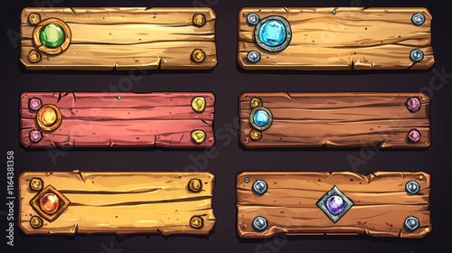 Fototapeta Naklejka Na Ścianę i Meble -  Wooden game banners, medieval ui menu elements, buttons with ornate rims and gems. Empty wood gui bars or planks for rpg, decorated borders web design interface, Cartoon 3d vector illustration, set