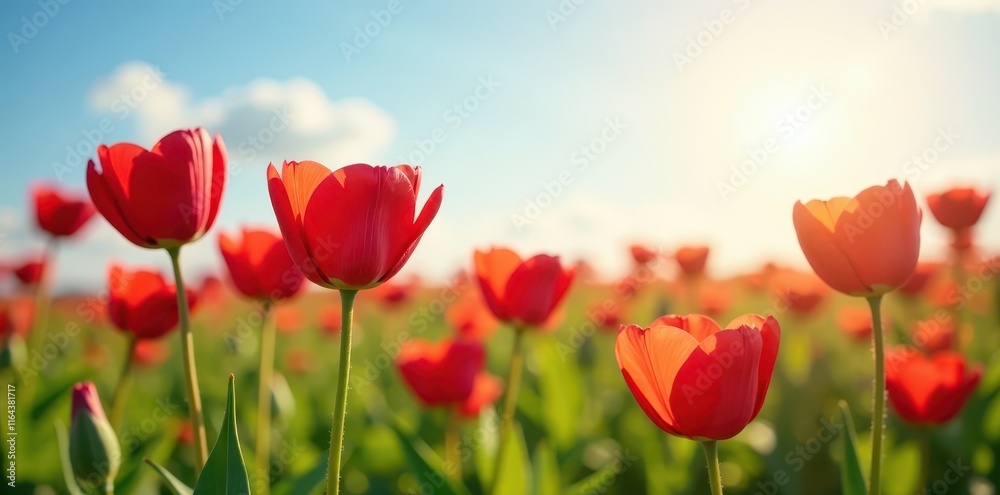 Fototapeta premium Red heart shape flowers blooming in a field under sunny sky, warm lighting , nature scenery, blossoming hearts