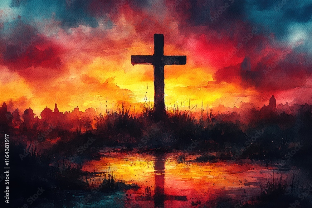 A cross sits atop a hill as the sun sets behind it, casting a warm glow A cross sits atop a hill as the sun sets behind it, casting a warm glow