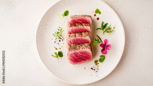 Perfectly cooked tuna steak fine dining composition. Grilled fresh tuna steak in an artistic composition with micro greens, edible flowers and drizzle of sauce. High cuisine  photo