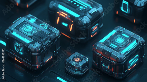 Game futuristic boxes, future technology chests. Icons of sci-fi equipment, loot boxes with electronic lock and display with neon light, vector cartoon illustration isolated on background
