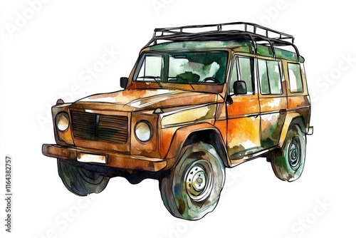 Watercolor illustration of a vehicle with a roof rack, great for travel or adventure themes photo