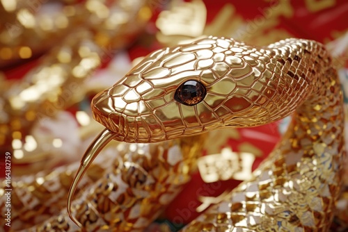 A golden snake with a distinctive black eye mark on its head, suitable for illustrations and designs related to ancient cultures or mystical themes photo