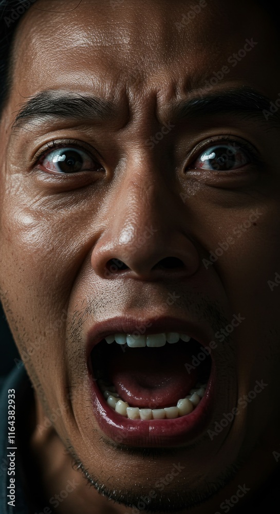 Close up of Asian Man face, Scream Screaming, Yell Yelling Expression, Zoom In, Zoomed Portrait Close up of Asian Man face, Scream Screaming, Yell Yelling Expression, Zoom In, Zoomed Portrait