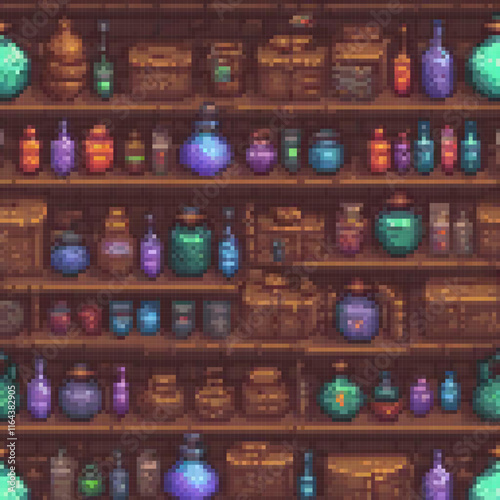 Pixel art showcasing a shelf brimming with bottles and boxes.