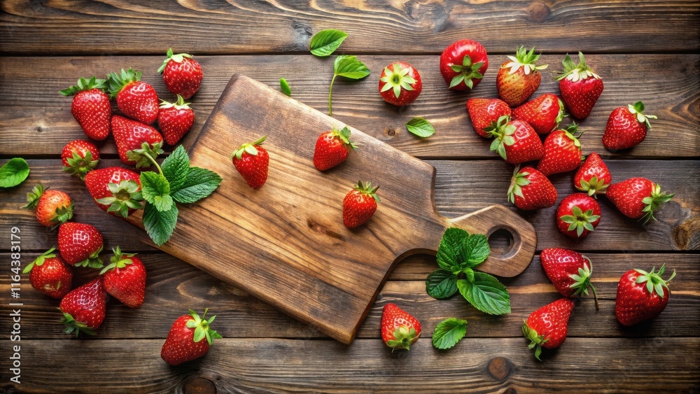 Rustic wooden board surrounded by fresh ripe strawberries and aromatic mint leaves Rustic wooden board surrounded by fresh ripe strawberries and aromatic mint leaves
