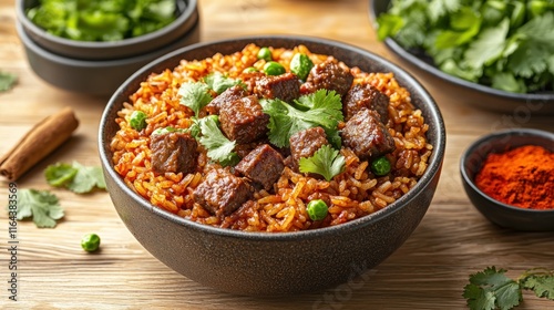 Beef and rice dish with peas and herbs.
