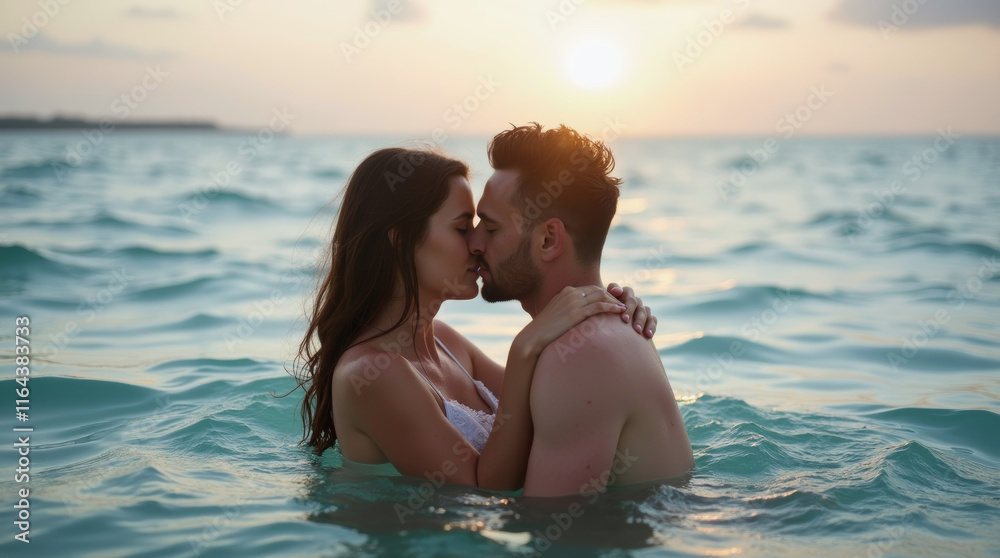 Fototapeta premium romantic couple kissing in sea water
