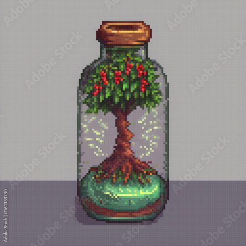 Pixel art depicting a whimsical bottle with a miniature tree inside.