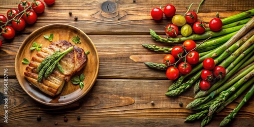 Grilled meat garnished with asparagus on a rustic wooden table, alongside fresh cherry tomatoes and more asparagus spears.