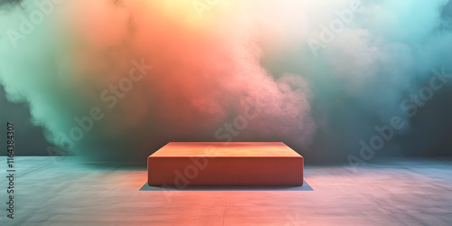 Fototapeta Naklejka Na Ścianę i Meble -  Luxury lifestyle 3d velvet peach color stage on gray wood floor with tangerine and violet lighting, beautiful rich soft smoke background, ideal for product showcase in advertising campaign, copy space