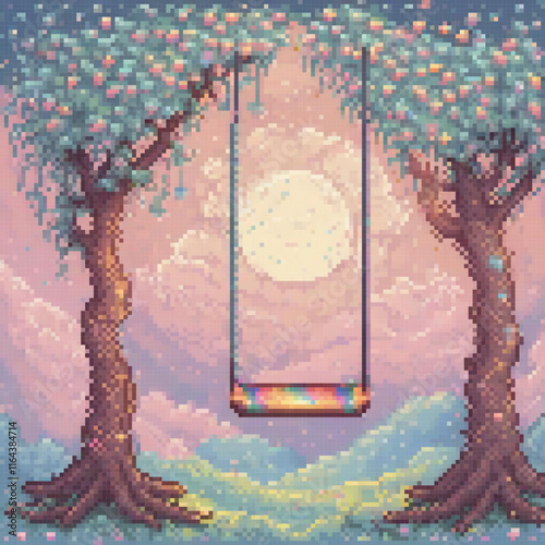 Pixel art of a serene swing set amidst two majestic trees under a luminous full moon. photo