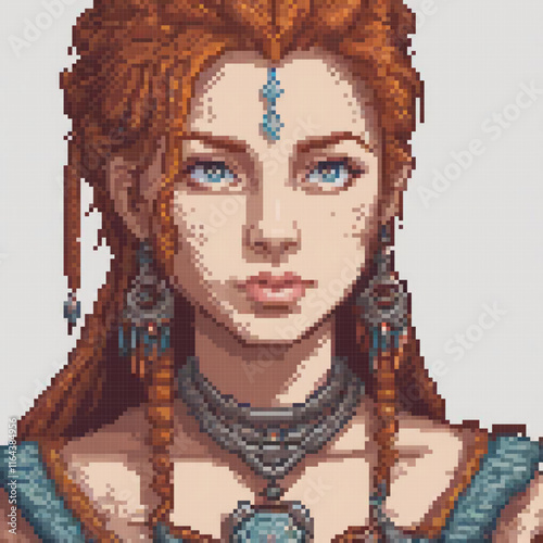 Redhead with blue eyes in pixel art style