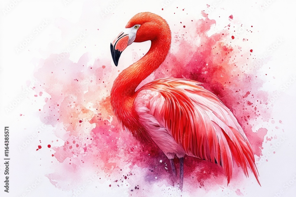 Fototapeta A beautiful watercolor painting of a pink flamingo in a serene environment
