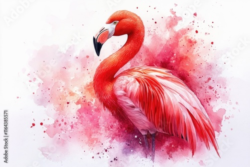 A beautiful watercolor painting of a pink flamingo in a serene environment