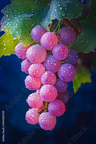 A bunch of pink grapes hanging from the vine water droplets on them crystal clear and transparent with green leaves around it The background is dark blue with a closeu photo