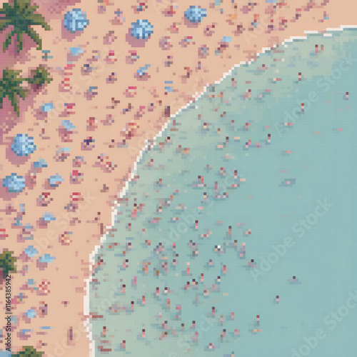 Pixel art depicting a bustling beach scene with numerous people and colorful umbrellas.