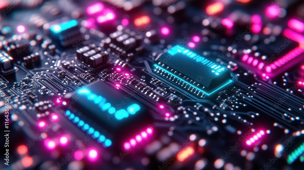 Fototapeta premium Close-up view of a circuit board with glowing components and intricate connections.
