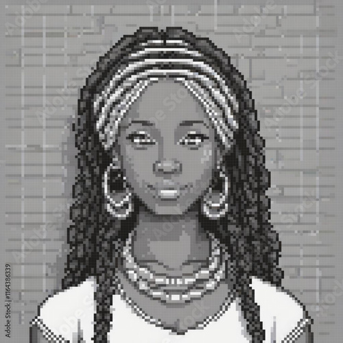 Vintage black and white portrait of a woman with braids in pixel art style.