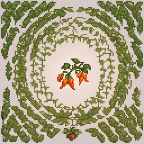 Ornate cross stitch pattern featuring a vibrant plant with juicy oranges.