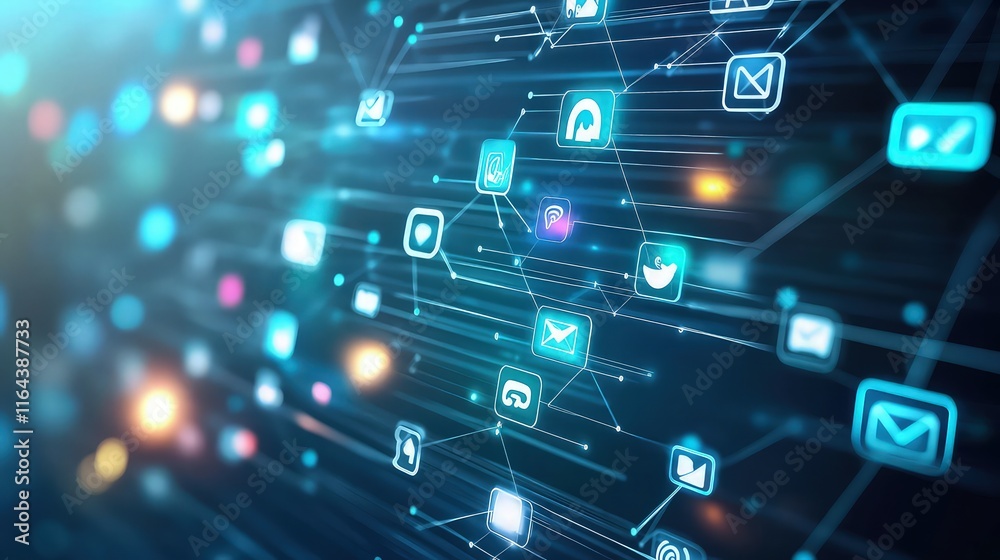Fototapeta premium Digital network icons connect across a dark background, symbolizing global communication flow.