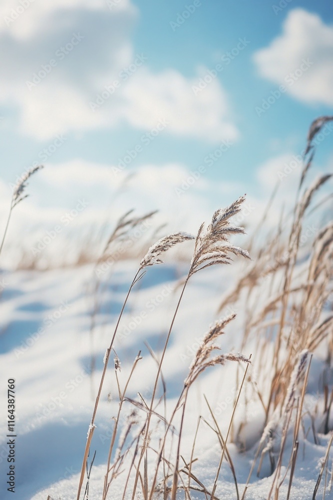 A serene winter landscape featuring tall grass covered in snow A serene winter landscape featuring tall grass covered in snow